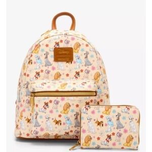 Disney Dogs Loungefly Backpack & Wallet 101 Dalmatian Lady and Tramp Hound New